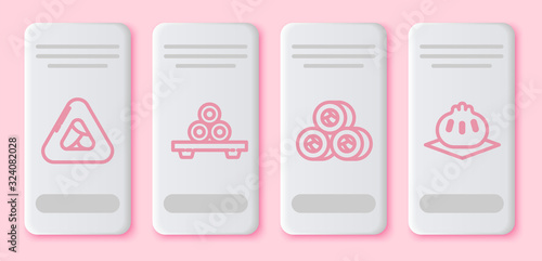 Set line Sushi, Sushi on cutting board, Sushi and Khinkali on cutting board. White rectangle button. Vector