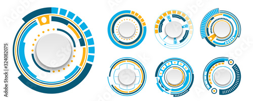 Creative vector illustration of Hud Sci Fi interface banner set isolated on background. Art design digital UI technology, futuristic template. Abstract concept graphic circles element