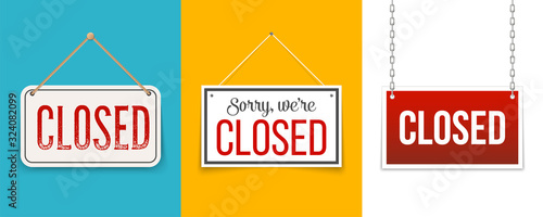 Creative vector illustration sign - sorry we are closed background. Art design closed banner on door store template. Signboard with a rope. Abstract concept for businesses, site, shop services element photo