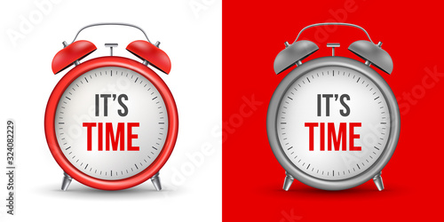 Creative vector illustration of alarm clock with text - it is time, isolated on background. Art design inspiration, time management template. Abstract concept graphic business, challenge element
