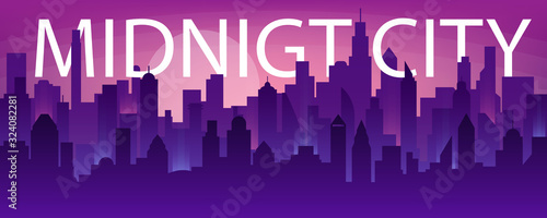 Creative vector illustration of night city skyline silhouette background. Art design midnight cityscape with neon light template. Abstract concept graphic town panorama view sky, stars, moon element