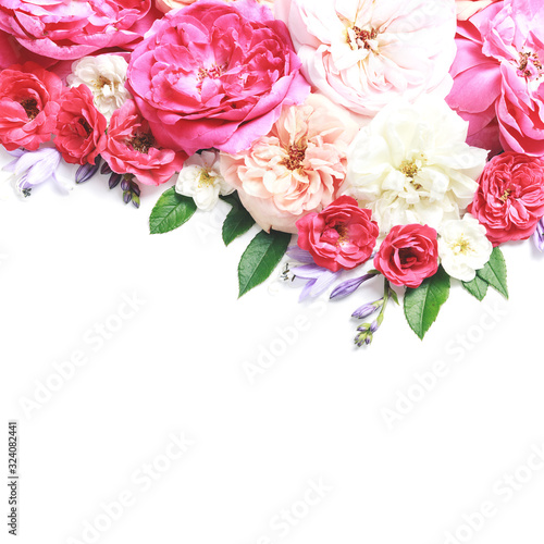 Flowers composition. Frame made of rose flowers on white background. © Natalia Samorodskaia