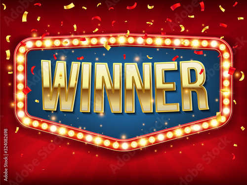 Creative vector illustration of Winner banner, lightbulb frame vintage background. Art design win congratulations template. Concept winners lottery, framed sign, jackpot, poker, roulette prize element