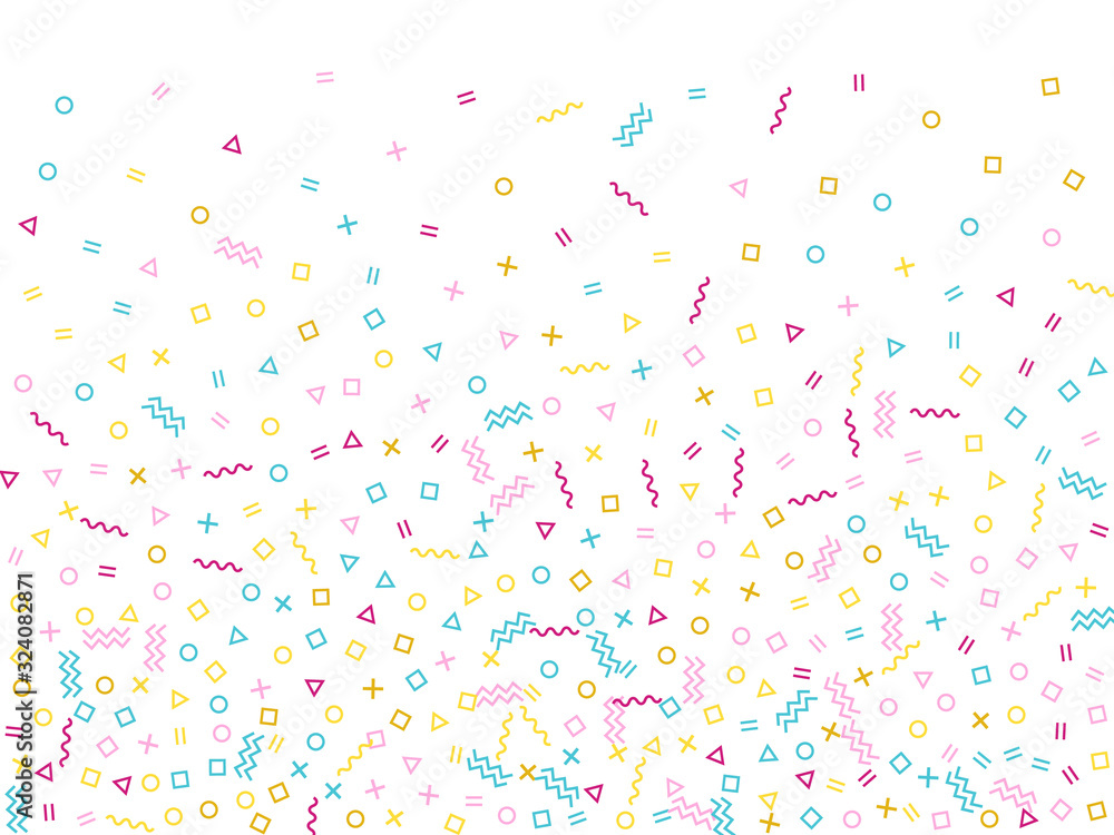 Geometric confetti with triangle, circle, square shapes, chevron and wavy lines Geometric confetti with triangle, circle, square shapes, chevron and wavy lines