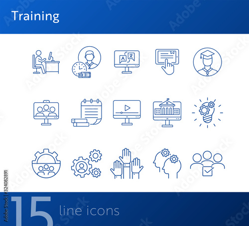 Training line icon set. Instruction, course, education. Webinar concept. Can be used for topics like knowledge, info business