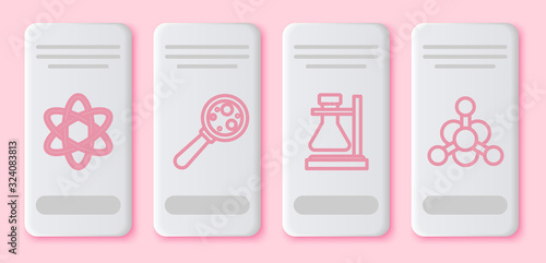 Set line Atom, Microorganisms under magnifier, Test tube flask on stand and Bacteria. White rectangle button. Vector