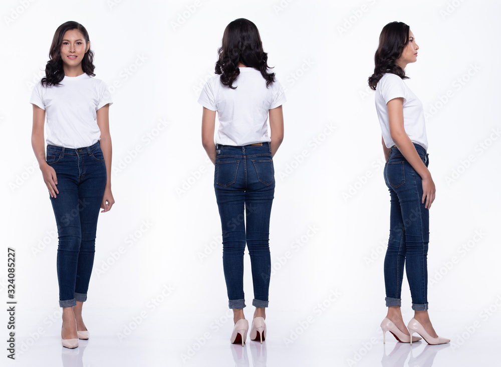 360 Full Length Snap Figure, Asian Woman wear casual white shirt blue jean, she 20s stands and acts in many poses, studio lighting white background isolated collage group 360 Full Length Snap Figure, Asian Woman wear casual white shirt blue jean, she 20s stands and acts in many poses, studio lighting white background isolated collage group