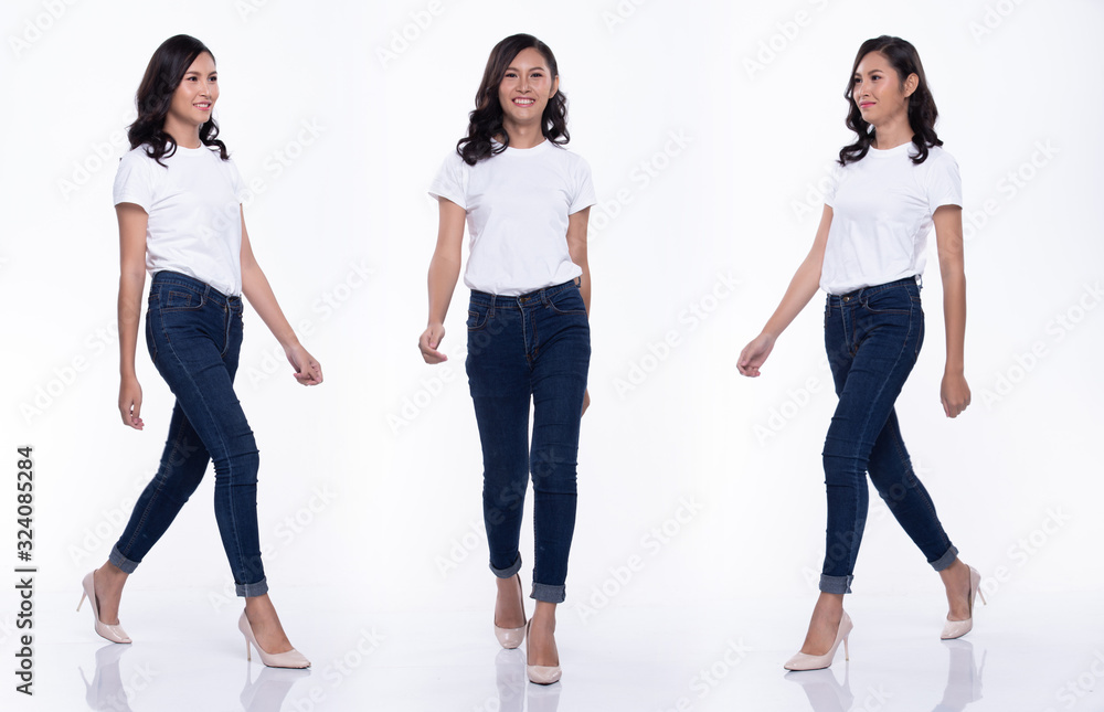 Full Length Snap Figure, Asian Woman wear casual white shirt blue jean, she 20s walks and acts in many poses direction on high heel shoes, studio lighting white background isolated collage group Full Length Snap Figure, Asian Woman wear casual white shirt blue jean, she 20s walks and acts in many poses direction on high heel shoes, studio lighting white background isolated collage group