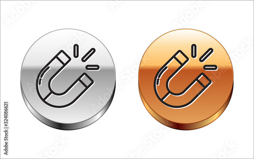 Black line Magnet icon isolated on white background. Horseshoe magnet, magnetism, magnetize, attraction. Silver-gold circle button. Vector Illustration