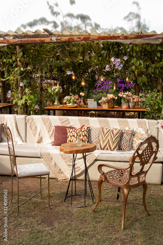 Wedding lounge decoration with sofa, table and objects