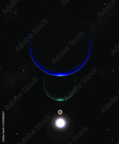 Two planets backlit by the sun, parade of planets, space vector illustration, fantastic background.