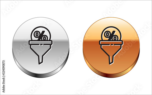 Black line Lead management icon isolated on white background. Funnel with discount percent. Target client business concept. Silver-gold circle button. Vector Illustration