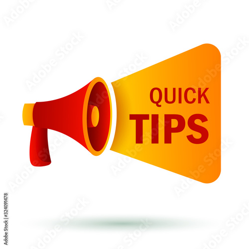 Quick tips banner template with loudspeaker. Yellow sticker with red megaphone. Can be used for leaflets, brochures, announcements