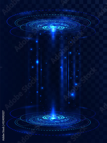 Two luminous Holograms with light effect in HUD style. Portal, teleport, podium for GUI or presentation. Virtual reality element, hologram projector. Vector isolated illustration