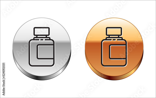 Black line Sauce bottle icon isolated on white background. Ketchup, mustard and mayonnaise bottles with sauce for fast food. Silver-gold circle button. Vector Illustration