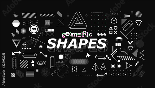 Set of neo memphis geometric shapes. Trendy graphics element for your design. Vaporwave style, universal geometric shapes and elements on dark background. Vector memphis elements set