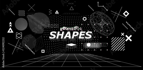 Futuristic abstract shapes set. Glitch generative art illustration with geometric composition. Sky-fi collection for virtual reality and concept technologies of future. Vector background cyberpunk