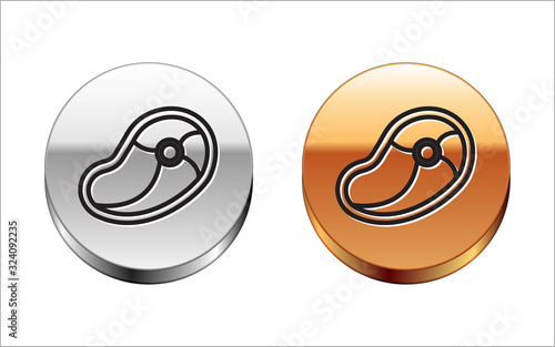 Black line Steak meat icon isolated on white background. Silver-gold circle button. Vector Illustration