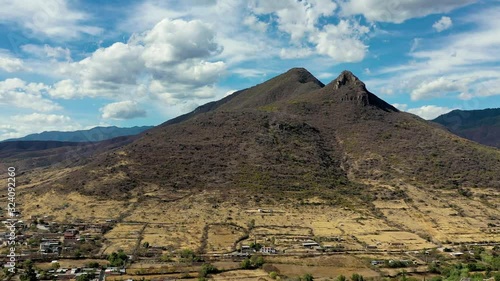 Teotitlan del Valle beautiful mountain in Tlacolula, Oaxaca, Mexico aerial drone video. Artisan village famous for hand made carpets. photo