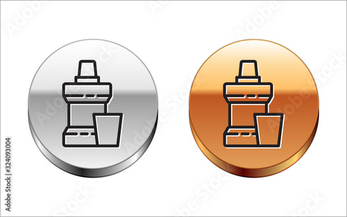 Black line Mouthwash plastic bottle and glass icon isolated on white background. Liquid for rinsing mouth. Oralcare equipment. Silver-gold circle button. Vector Illustration
