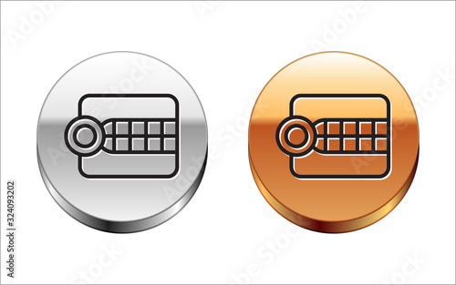 Black line Dentures model icon isolated on white background. Dental concept. Silver-gold circle button. Vector Illustration