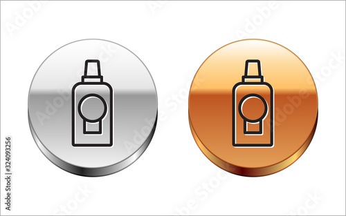 Black line Mouthwash plastic bottle icon isolated on white background. Liquid for rinsing mouth. Oralcare equipment. Silver-gold circle button. Vector Illustration