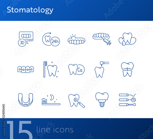 Stomatology line icon set. Teeth, brush, dentist, implant, braces. Dental care concept. Can be used for topics like denture, dentistry, clinic
