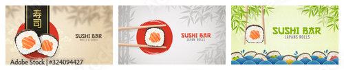 Asian Food poster. Sushi ads. Poster of Sushi Restaurant. Vertical flyer. Realistic vector illustration.