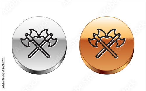 Black line Crossed medieval axes icon isolated on white background. Battle axe, executioner axe. Silver-gold circle button. Vector Illustration