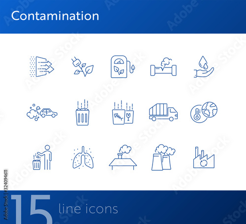 Contamination icons. Set of line icons. Air pollution, garbage, dust. Environment concept. Vector illustration can be used for topics like environment, nature, industry