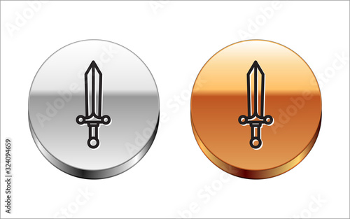 Black line Medieval sword icon isolated on white background. Silver-gold circle button. Vector Illustration