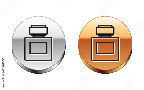 Black line Aftershave icon isolated on white background. Cologne spray icon. Male perfume bottle. Silver-gold circle button. Vector Illustration