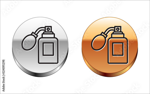 Black line Aftershave bottle with atomizer icon isolated on white background. Cologne spray icon. Male perfume bottle. Silver-gold circle button. Vector Illustration
