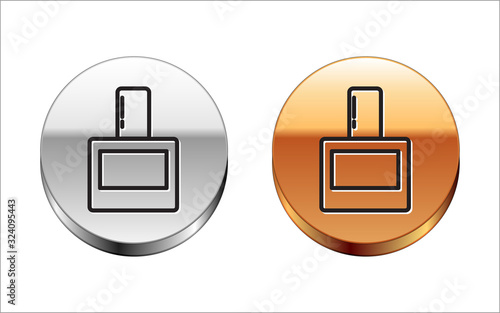 Black line Aftershave icon isolated on white background. Cologne spray icon. Male perfume bottle. Silver-gold circle button. Vector Illustration