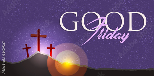 Three crosses on hill, Good Friday christian concept.