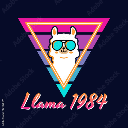 Cute llama with eyeglasses 80's retro illustration vector