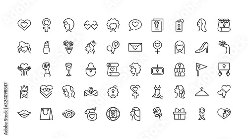 female gender and womens day icons set over white background, line style