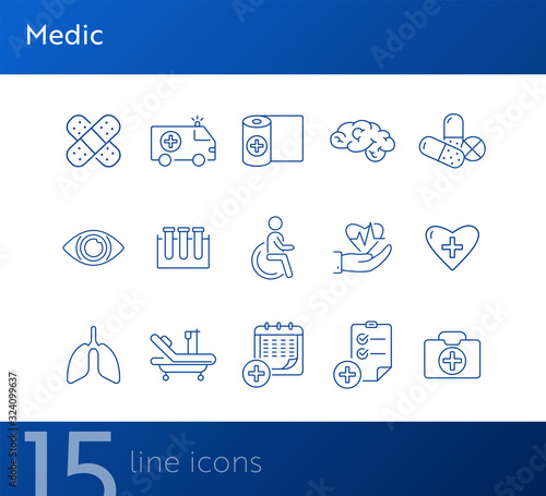 Medic icons. Set of line icons. Medical test tubes, cardiogram, medical calendar. Public health service concept. Vector illustration can be used for topics like medicine, healthcare, hospital