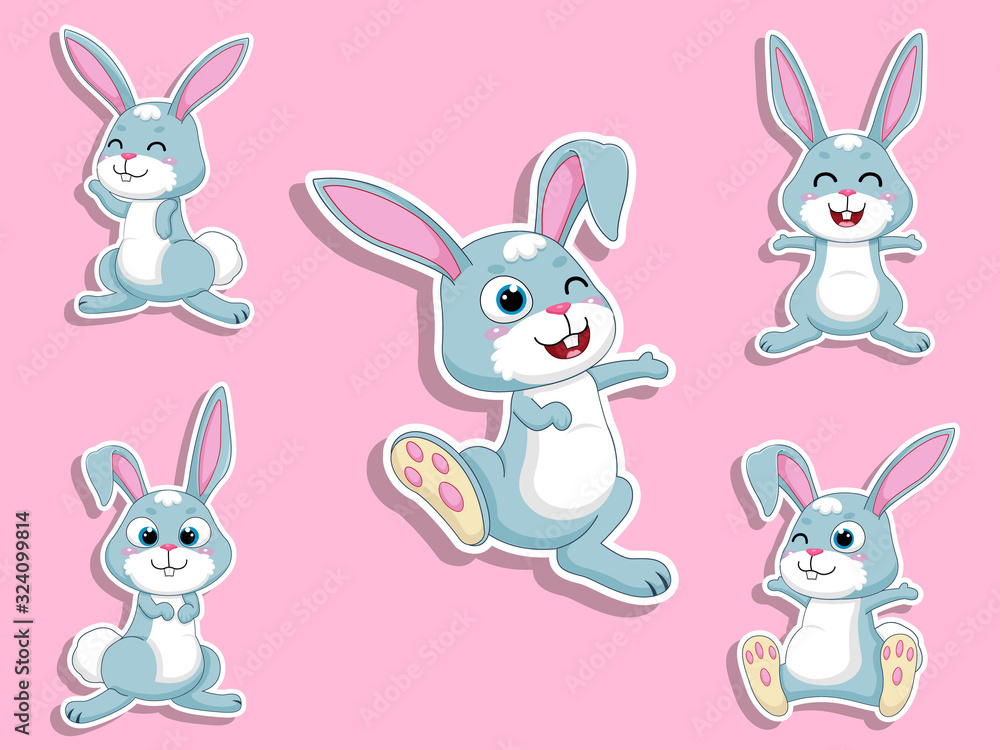 Cute Rabbits Cartoon Sticker Set. Vector Illustration With Cartoon Happy Animal