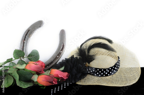 Slika na platnu Kentucky Derby photo of a fascinator hot with red roses and a horseshoe