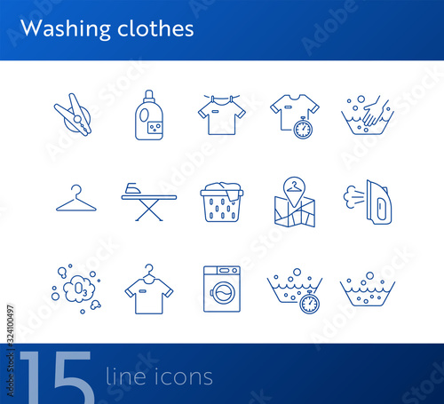 Washing clothes line icon set. Drying, textile, bleaching. Laundry concept. Can be used for topics like housework, laundromat, service
