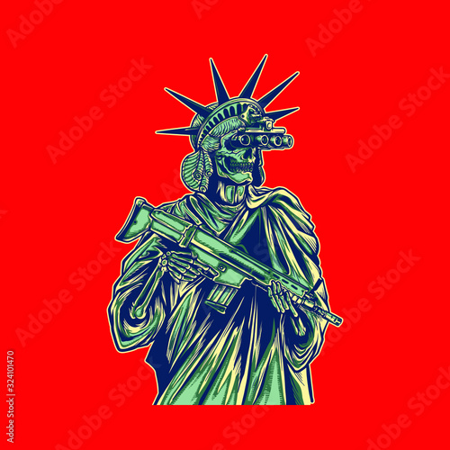 Vector illustration of liberty statue bring gun and wear night vision
