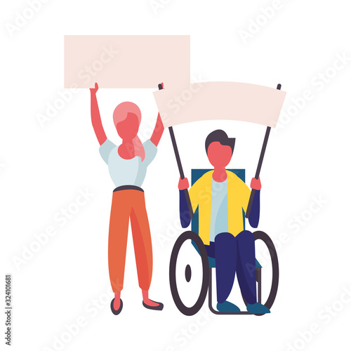 activist couple in wheelchair with protest banner