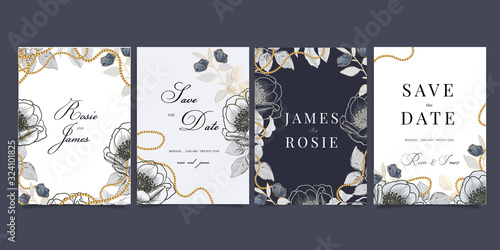 Wedding luxury set Invitation, floral invite thank you, rsvp modern card Design in gold flower with  leaf greenery  branches decorative Vector elegant rustic template