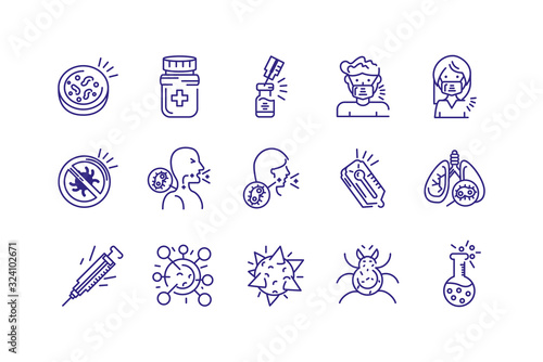 bacteria and virus icon set, line detail style