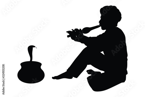India charmer and snake in pot silhouette vector