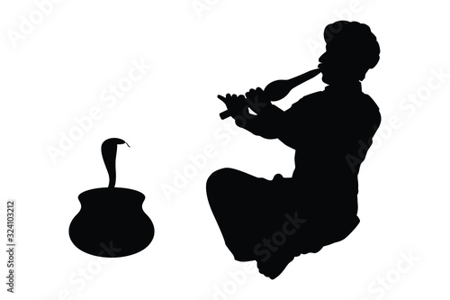 India charmer and snake in pot silhouette vector