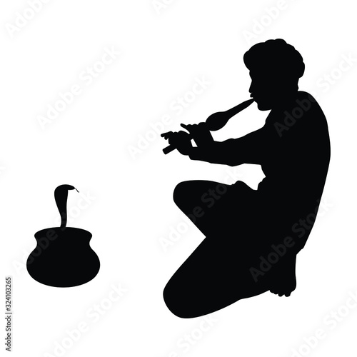 India charmer and snake in pot silhouette vector