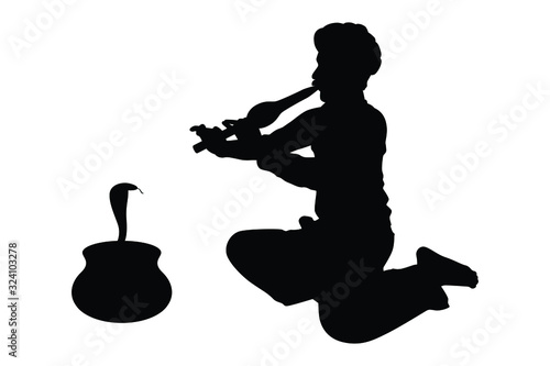 India charmer and snake in pot silhouette vector
