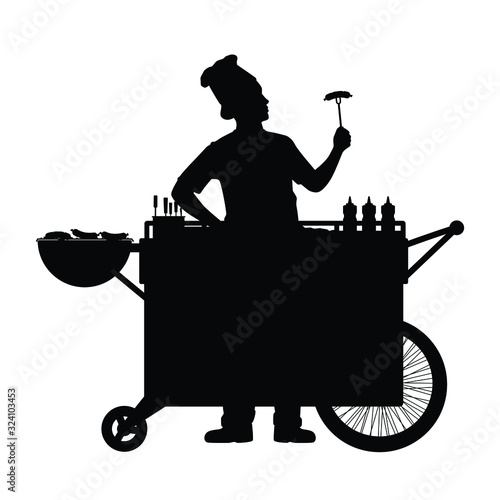 Road side merchant with food cart silhouette vector